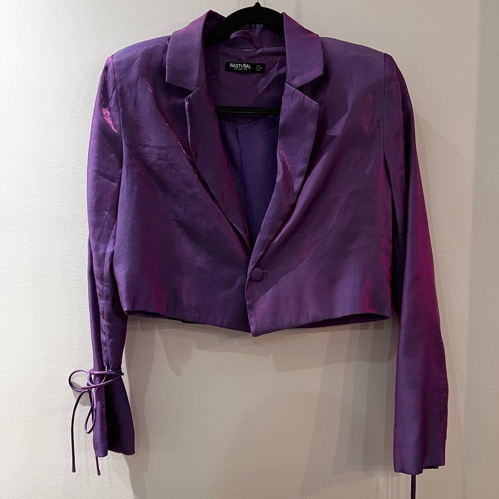 Satin Shimmer Cropped Button Down Blazer
